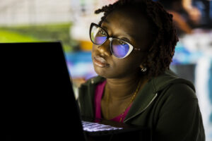 Close up of woman wasting time watching metaverse video content all day