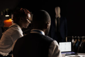 Coworkers designing menswear collection